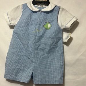 Petit Ami Blue and White Bodysuit with Embroidered Detail